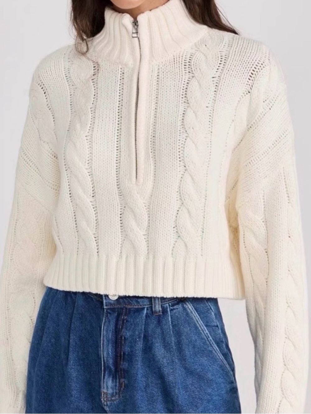 STAUD Cream Cable-Knit Half-Zip Sweater